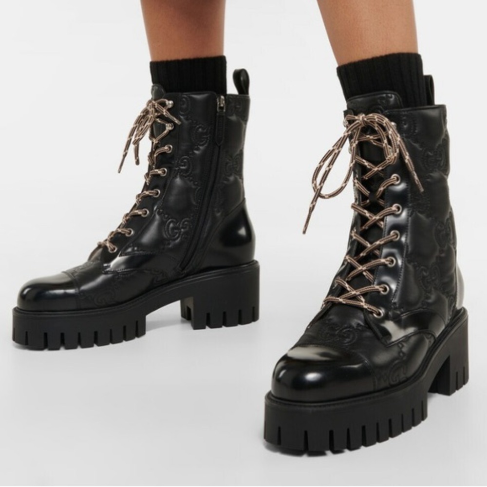 Gucci GG Quilted Leather Lace-Up Lug Sole Ankle Boots Black Size 39 (US 9)